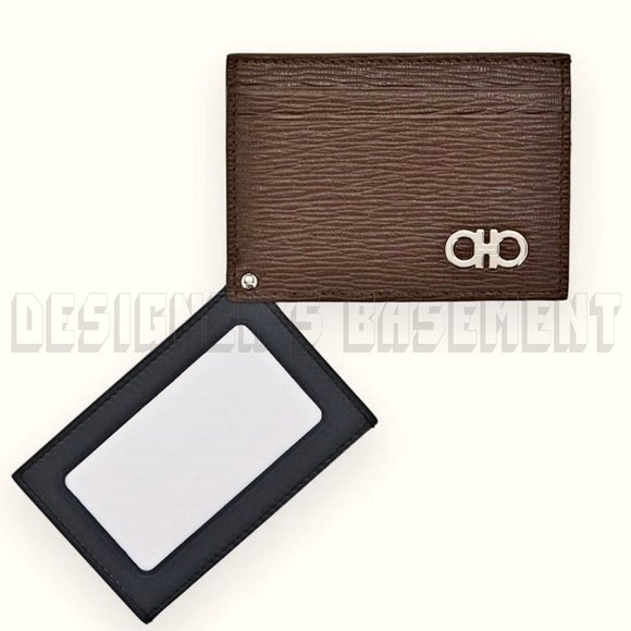 SALVATORE FERRAGAMO brown/blck REVIVAL leather GANCINI Flip-out ID card case NIB - Picture 7 of 8